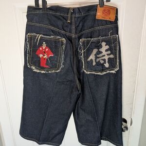 Embroidered Denim Shorts with Samurai Design